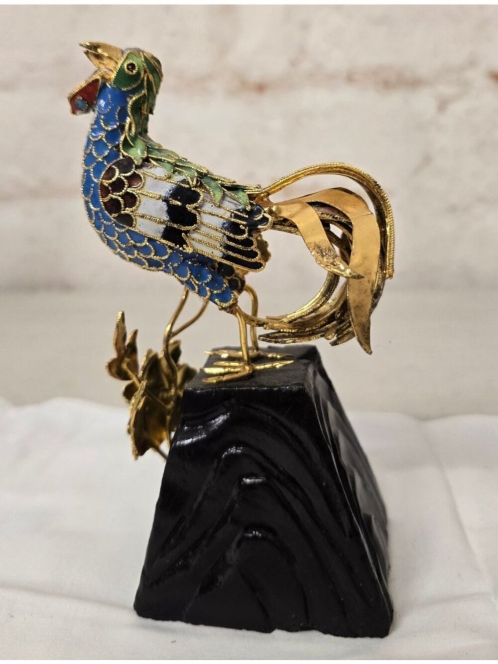 Vintage Cloisonné 6" Enamel Rooster Figurine Black Base Floral Accents